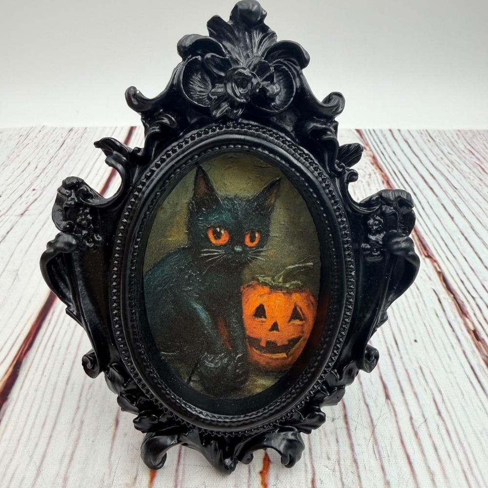 Handmade Vintage Style Black Cat Pumpkin Decoupage Art Black Resin Frame